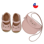 Pack Sandalia Ergonómica Rosada Abierta Flores + Cartera Cuero Rosada - Baby