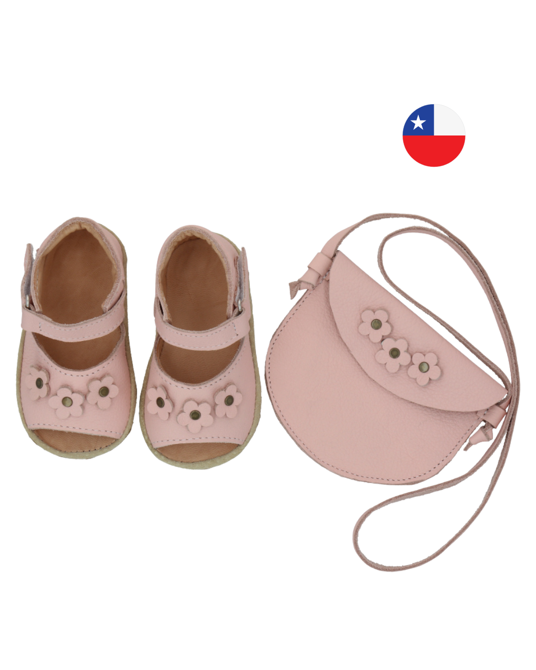 Pack Sandalia Ergonómica Rosada Abierta Flores + Cartera Cuero Rosada - Baby