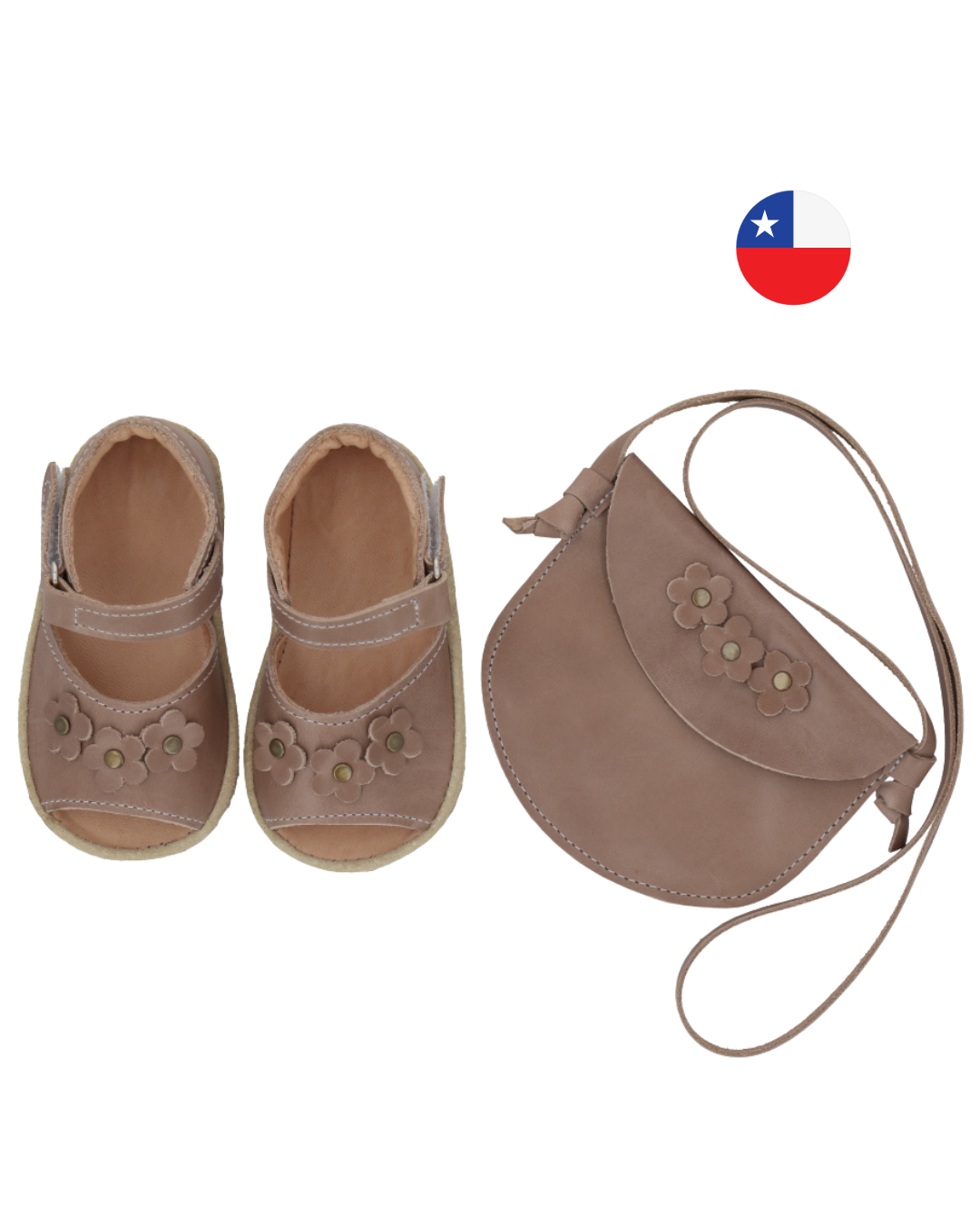Pack Sandalia Ergonómica Crudo Beige Abierta Flores + Cartera Cuero Beige - Baby