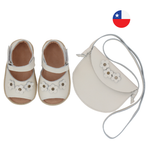 Pack Sandalia Ergonómica Crudo Abierta Flores + Cartera Cuero Crudo - Infant