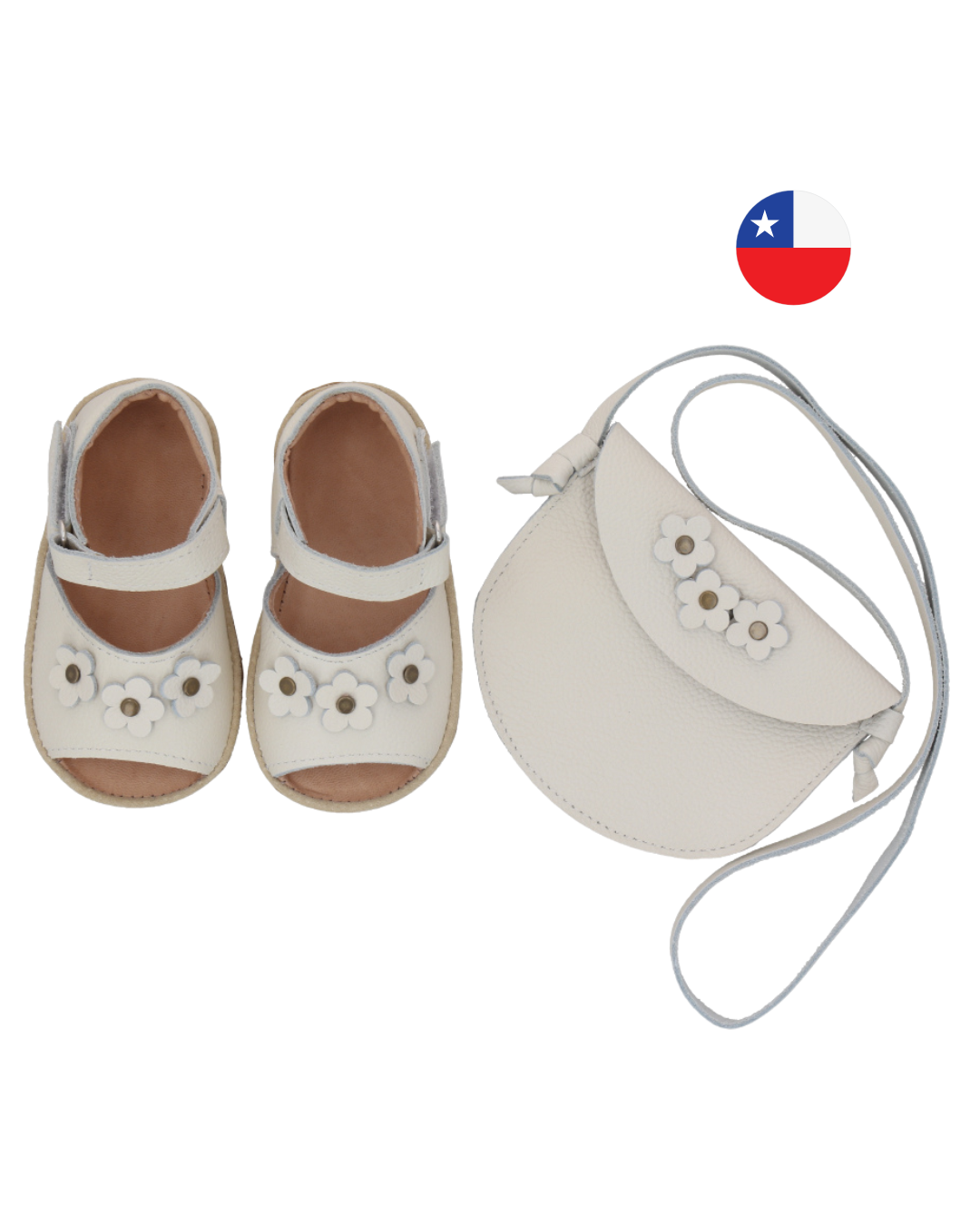 Pack Sandalia Ergonómica Crudo Abierta Flores + Cartera Cuero Crudo - Infant